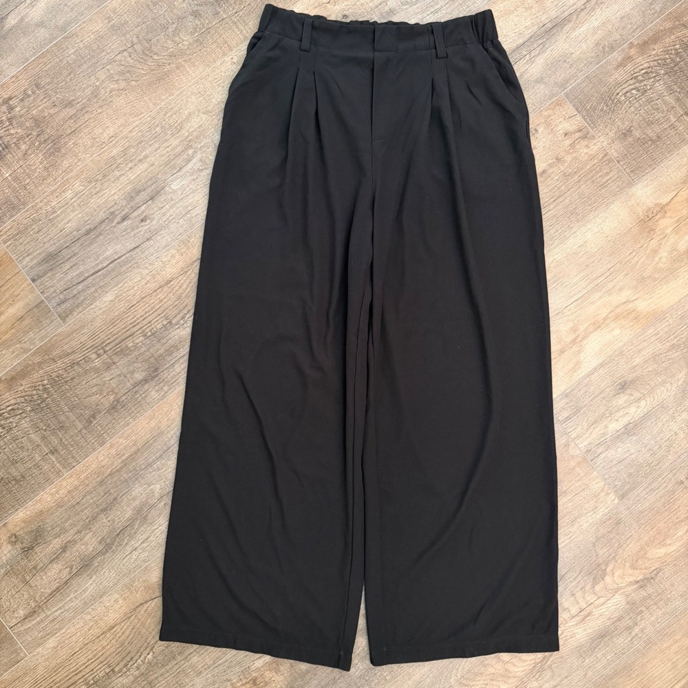 Halara Black Wide Leg Ribbed Knit Pleated Trousers Women L High Waist Pants Chic